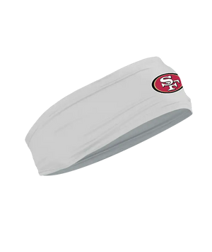 A gray athletic headband featuring the San Francisco 49ers logo on the forehead, displayed against a solid white background.