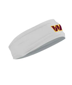 A gray athletic headband featuring the Washington Commanders logo on the forehead, displayed against a solid white background.