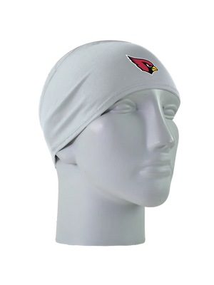 A gray athletic headband with a red and black Arizona Cardinals logo on the forehead, displayed on a gray mannequin head against a white background.