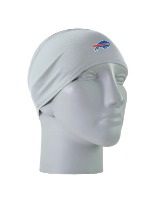 A gray athletic headband with a blue and red Buffalo Bills logo on the forehead, displayed on a gray mannequin head against a white background.
