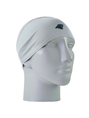 A gray athletic headband with a black and blue Carolina Panthers logo on the forehead, displayed on a gray mannequin head against a white background.
