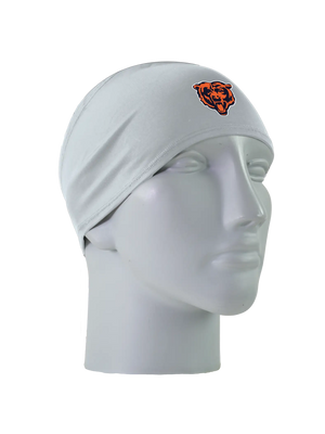 A gray athletic headband with an orange and blue Chicago Bears logo on the forehead, displayed on a gray mannequin head against a white background.