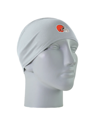 A gray athletic headband with an orange and brown Cleveland Browns helmet logo on the forehead, displayed on a gray mannequin head against a white background.
