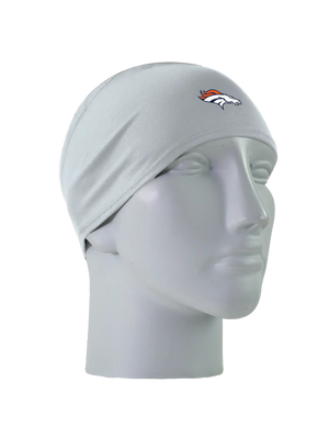 A gray athletic headband with a white, blue and orange Denver Broncos logo on the forehead, displayed on a gray mannequin head against a white background.
