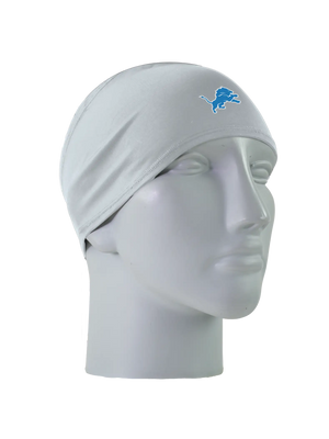 A gray athletic headband with a blue and white Detroit Lions logo on the forehead, displayed on a gray mannequin head against a white background.