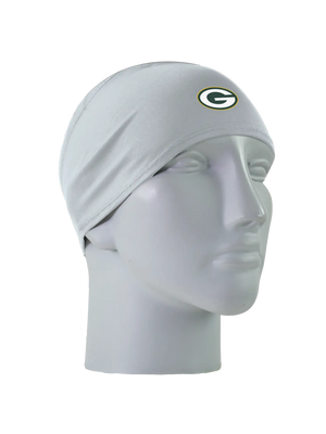 A gray athletic headband with a white, green and gold 'G' Green Bay Packers logo on the forehead, displayed on a gray mannequin head against a white background.