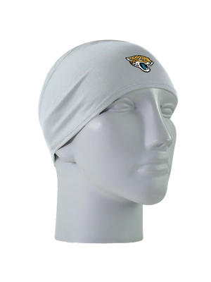 A gray athletic headband with a gold, black, teal and white Jacksonville Jaguars logo on the forehead, displayed on a gray mannequin head against a white background.
