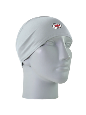 A gray athletic headband with a red, white and black 'KC' Kansas City Chiefs logo on the forehead, displayed on a gray mannequin head against a white background.