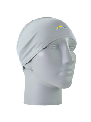 A gray athletic headband with a yellow and blue Los Angeles Chargers logo on the forehead, displayed on a gray mannequin head against a white background.