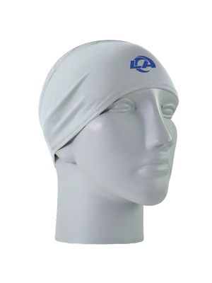 A gray athletic headband with a blue 'LA' Los Angeles Rams logo on the forehead, displayed on a gray mannequin head against a white background.