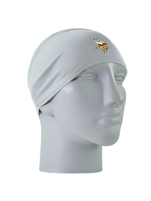 A gray athletic headband with a gold, purple and white Minnesota Vikings logo on the front, displayed on a gray mannequin head against a white background.