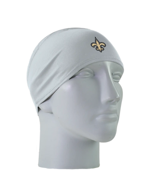 A gray athletic headband with a gold and black New Orleans Saints logo on the front, displayed on a gray mannequin head against a white background.