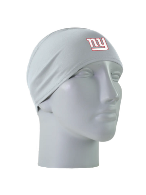 A gray athletic headband with a white with red outline 'ny' New York Giants logo on the front, displayed on a gray mannequin head against a white background.