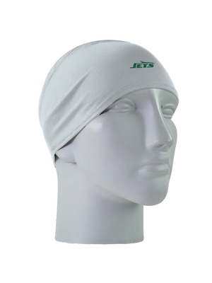 A gray athletic headband with a green New York Jets logo on the front, displayed on a gray mannequin head against a white background.