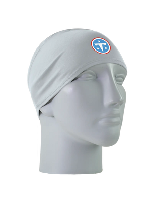 A gray athletic headband with a blue and white 'T' Tennessee Titans logo on the front, displayed on a gray mannequin head against a white background.