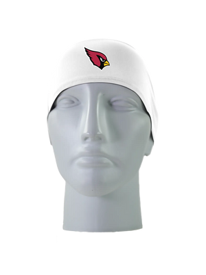 A white athletic headband with a red and black Arizona Cardinals logo on the forehead, displayed on a gray mannequin head against a white background.