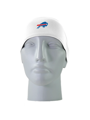 A white athletic headband with a blue and red Buffalo Bills logo on the forehead, displayed on a gray mannequin head against a white background.