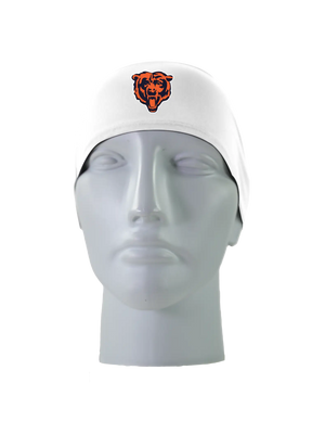 A white athletic headband with an orange and blue Chicago Bears logo on the forehead, displayed on a gray mannequin head against a white background.
