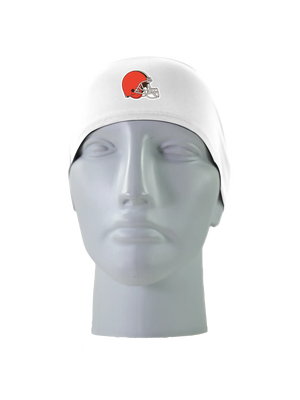 A white athletic headband with an orange and brown Cleveland Browns helmet logo on the forehead, displayed on a gray mannequin head against a white background.
