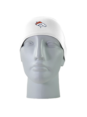 A white athletic headband with a white, blue and orange Denver Broncos logo on the forehead, displayed on a gray mannequin head against a white background.