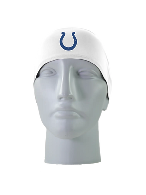 A white athletic headband with a blue Indianapolis Colts logo on the forehead, displayed on a gray mannequin head against a white background.
