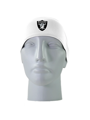 A white athletic headband with a black, silver and white Las Vegas Raiders logo on the forehead, displayed on a gray mannequin head against a white background.