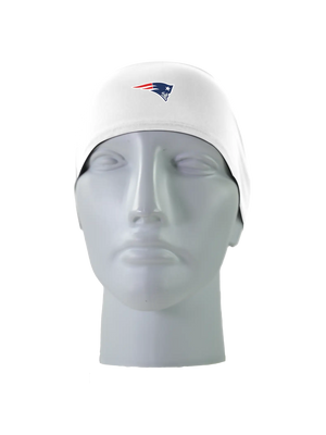 A white athletic headband with a blue and red New England Patriots logo on the front, displayed on a gray mannequin head against a white background.