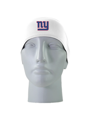 A white athletic headband featuring the New York Giants logo on the forehead, displayed against a solid white background.