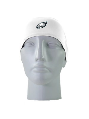 A white athletic headband with a Philadelphia Eagles logo on the front, displayed on a gray mannequin head against a white background.