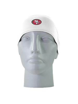 A white athletic headband with a white, red and black 'SF' San Francisco 49ers logo on the front, displayed on a gray mannequin head against a white background.