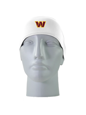A white athletic headband with a gold and maroon 'W' Washington Commanders logo on the front, displayed on a gray mannequin head against a white background.