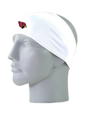 A white athletic headband with a red and black Arizona Cardinals logo on the forehead, displayed on a gray mannequin head against a white background.