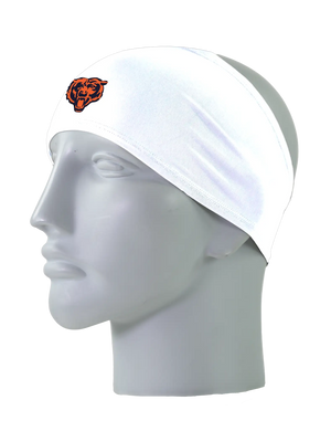 A white athletic headband with an orange and blue Chicago Bears logo on the forehead, displayed on a gray mannequin head against a white background.