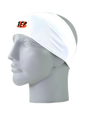 A white athletic headband with an orange and black ‘B’ Cincinnati Bengals logo on the forehead, displayed on a gray mannequin head against a white background.