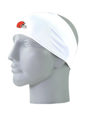 A white athletic headband with an orange and brown Cleveland Browns helmet logo on the forehead, displayed on a gray mannequin head against a white background.