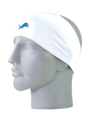 A white athletic headband with a blue and white Detroit Lions logo on the forehead, displayed on a gray mannequin head against a white background.