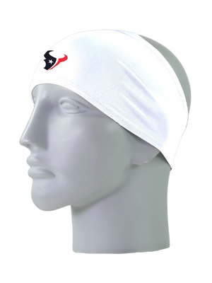 A white athletic headband with a red, white and blue Houston Texans logo on the forehead, displayed on a gray mannequin head against a white background.