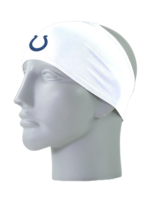 A white athletic headband with a blue Indianapolis Colts logo on the forehead, displayed on a gray mannequin head against a white background.