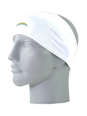 A white athletic headband with a yellow and blue Los Angeles Chargers logo on the forehead, displayed on a gray mannequin head against a white background.
