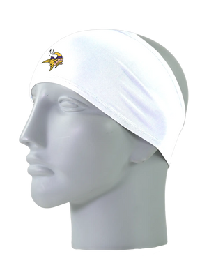 A white athletic headband with a gold, purple and white Minnesota Vikings logo on the front, displayed on a gray mannequin head against a white background.
