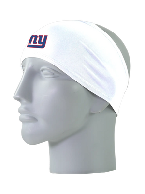 A white athletic headband featuring the New York Giants logo on the forehead, displayed against a solid white background.