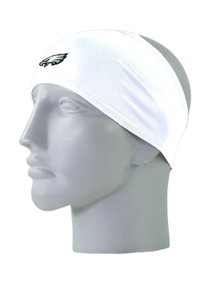 A white athletic headband with a Philadelphia Eagles logo on the front, displayed on a gray mannequin head against a white background.