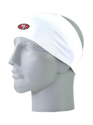 A white athletic headband with a white, red and black 'SF' San Francisco 49ers logo on the front, displayed on a gray mannequin head against a white background.