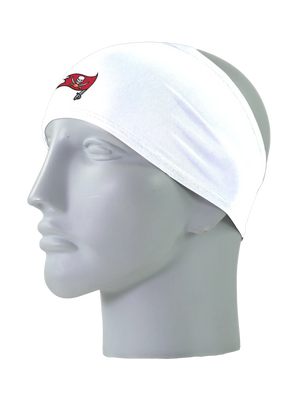 A white athletic headband with a red Tampa Bay Buccaneers logo on the front, displayed on a gray mannequin head against a white background.