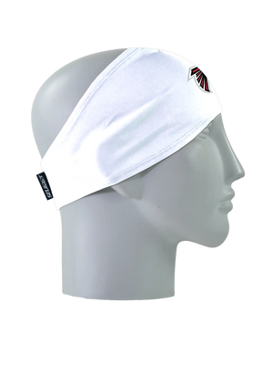 A white athletic headband with a red and black Atlanta Falcons logo on the forehead, displayed on a gray mannequin head in profile against a white background.