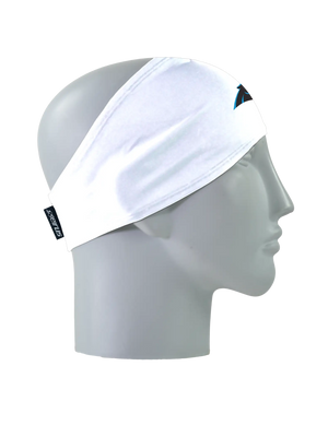 A white athletic headband with a black and blue Carolina Panthers logo on the forehead, displayed on a gray mannequin head in profile against a white background.