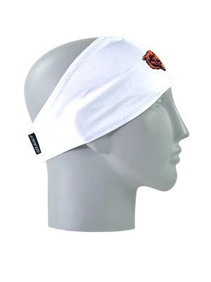 A white athletic headband with an orange and blue Chicago Bears logo on the forehead, displayed on a gray mannequin head in profile against a white background.