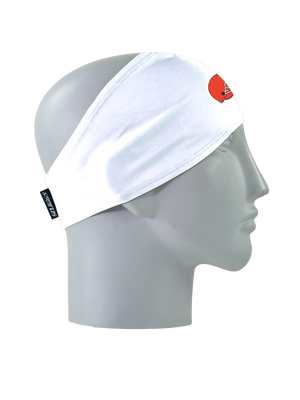 A white athletic headband with an orange and brown Cleveland Browns helmet logo on the forehead, displayed on a gray mannequin head in profile against a white background.