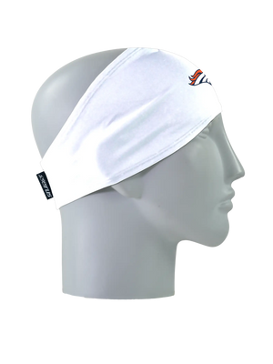 A white athletic headband with a white, blue and orange Denver Broncos logo on the forehead, displayed on a gray mannequin head in profile against a white background.