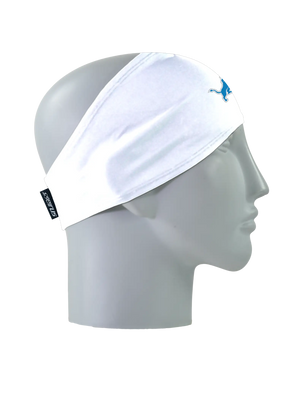A white athletic headband with a blue and white Detroit Lions logo on the forehead, displayed on a gray mannequin head in profile against a white background.